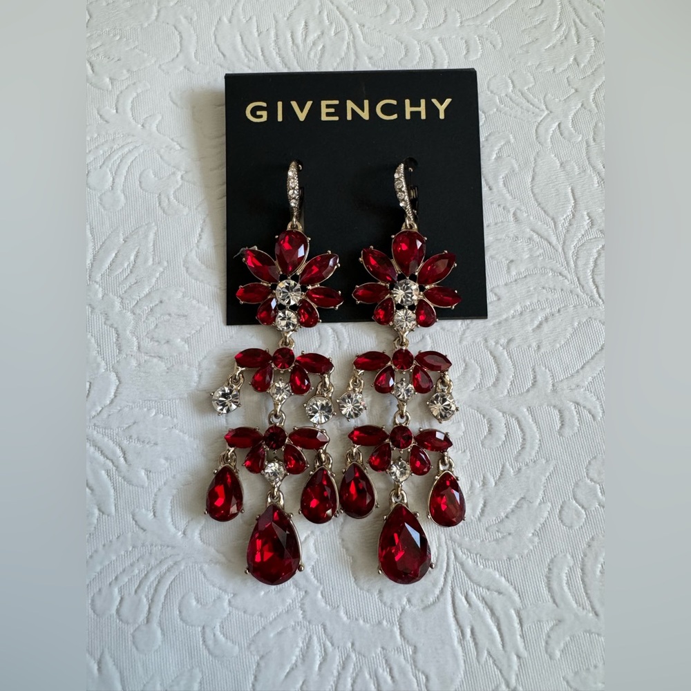 Givenchy Gold Tone Siam Crystal Drama Chandelier Earrings - Picture 2 of 2